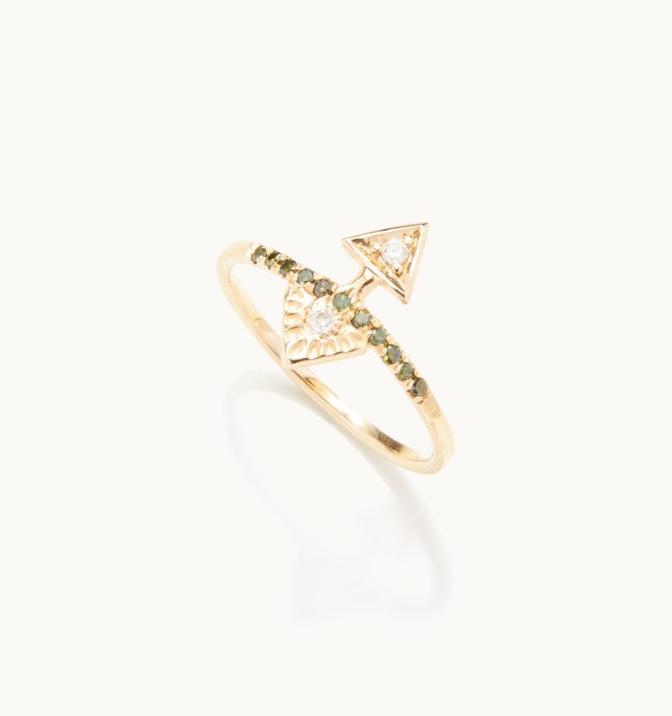 gold ring with green diamonds